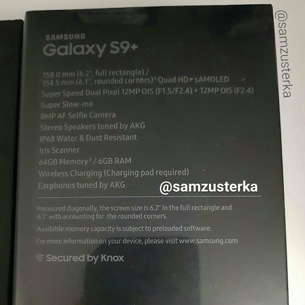 Hình ảnh hộp đựng kèm thông số của Galaxy S9 Plus xuất hiện tại Việt Nam