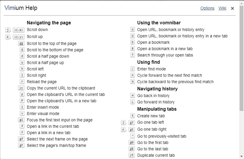 Mở nhanh bảng danh sách các phím tắt trong Vimium Help, để điều hướng Chrome, bạn nhấn Shift + ?