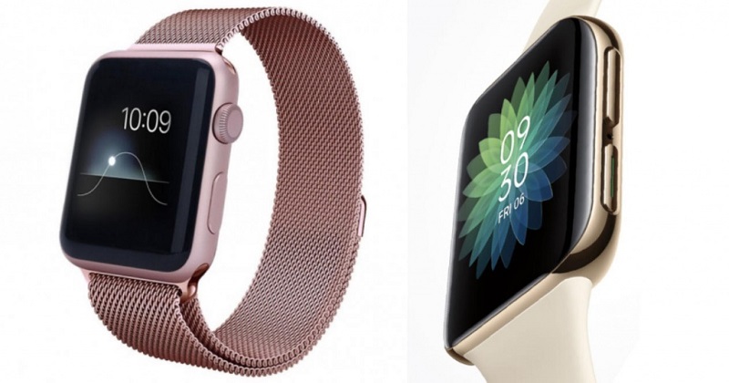 Apple Watch (bên trái) và smartwatch đầu tiên của OPPO (bên phải)