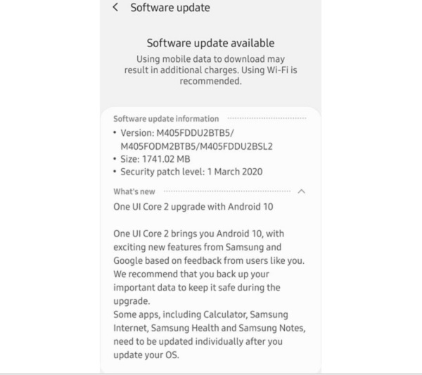 Galaxy M40 bắt đầu nhận được bản cập nhật Android 10 và One UI 2.0