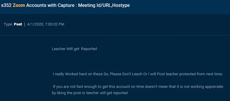 Ảnh chụp màn hình bài đăng chia sẻ dữ liệu tài khoản Zoom trên Dark Web