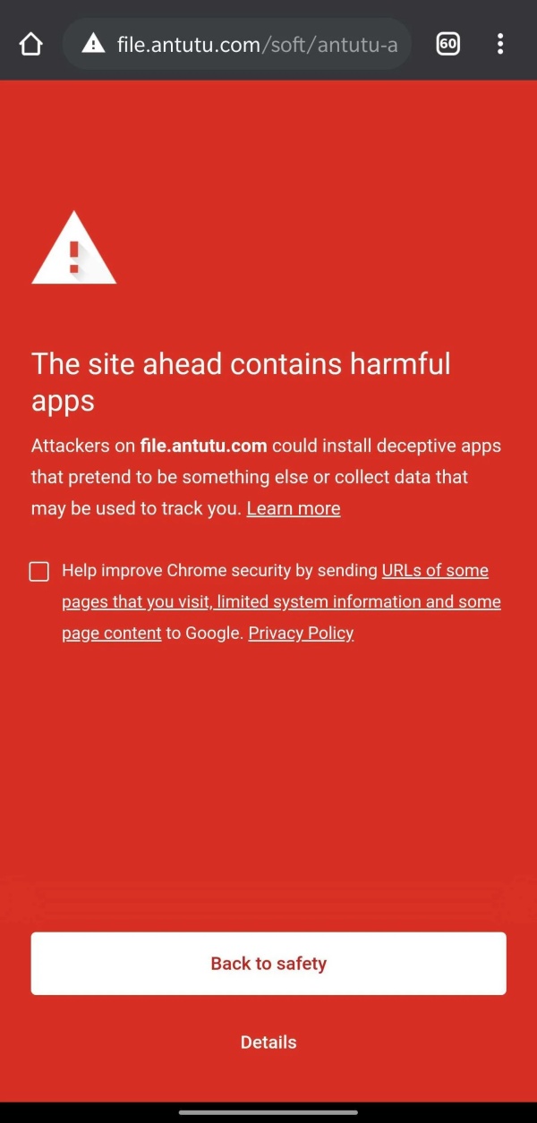 Google Chrome chặn người dùng truy cập và tải file apk từ trang AnTuTu