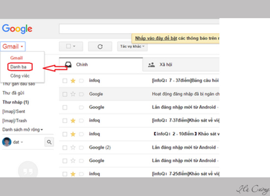 Tiếp theo trên tài khoản Gmail bạn tìm tới mục danh bạ