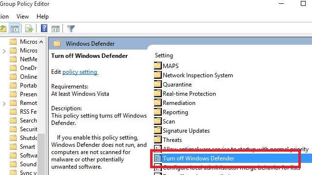 Bấm chuột vào Windows Defender, sau đó kéo xuống chọn Turn off Windows Defender