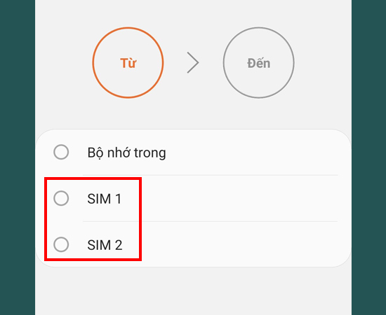 Bước 5: Tại đây, bạn chọn chép từ SIM (tùy vào SIM bạn muốn nhập vào máy là SIM 1 hay SIM 2).