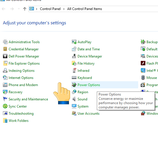  Bạn nhấn tổ hợp phím Windows + S. Hộp thoại tìm kiếm xuất hiện bạn nhập từ khóa Control Panel-> Nhấp Chọn Power options.