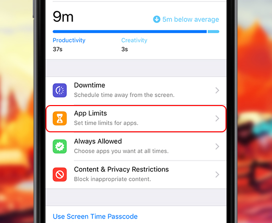 Ngay tại phần Screen Time các bạn tìm và chọn App Limits (Giới hạn ứng dụng)