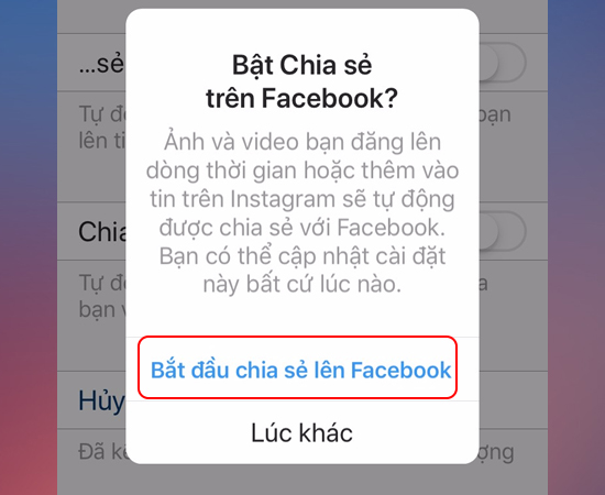 Bước 7: Cuối cùng bạn chọn Bắt đầu chia sẻ lên Facebook khi có thông báo Bật Chia sẻ trên Facebook.