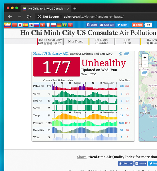 Các bạn truy cập vào link này để vào website của AQICN để xem chỉ số bụi cũng như nhiều thông tin khác về mức độ ô nhiễm.