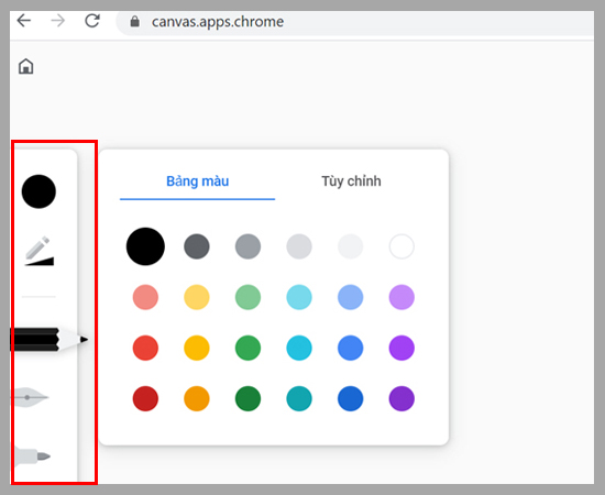 Chrome Canvas sẽ hỗ trợ cho bạn khá nhiều chức năng bút vẽ, gôm, bảng màu,... ở bên cạnh trái và 2 nút chức năng ở phía trên trung tâm khung để bạn có thể Undo/Redo bản vẽ.