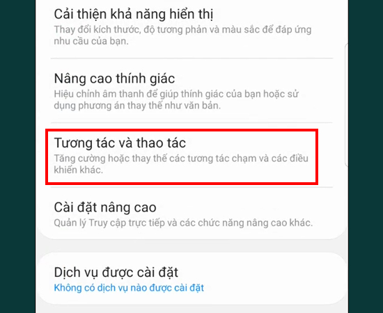 Bước 3: Chọn tiếp vào mục Tương tác và thao tác.