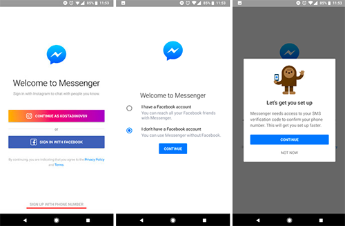 Các bước kích hoạt  tính năng dùng Messenger mà không cần tài khoản Facebook.