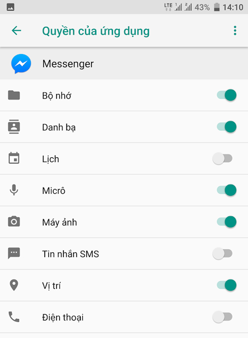 Ứng dụng Messenger dù chỉ để nhắn tin và gọi qua mạng nhưng vẫn dùng rất nhiều quyền truy cập. Phần mềm này cũng đòi hỏi quyền truy cập cả Điện thoại và Tin nhắn và đều cần tắt. 